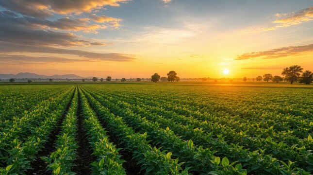A vibrant green crop field stretches under a colorful sunrise with scattered clouds and trees on the horizon.