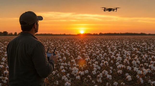 A man operates a drone over a cotton field during sunset, capturing the scenic agricultural landscape.