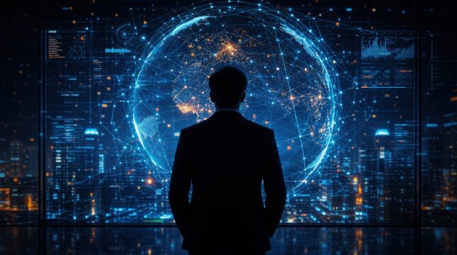 A silhouette of a man in a suit stands before a digital globe display filled with interconnected network data and futuristic graphs.