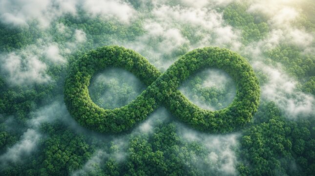Aerial view of a dense forest shaped like an infinity symbol, surrounded by mist and clouds, symbolizing endless nature and environmental sustainability.