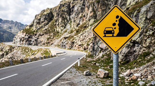 A yellow diamond-shaped warning sign indicating a potential rockfall hazard on a winding mountain road.