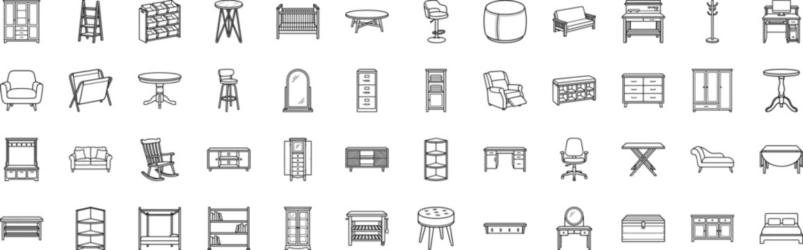 Home furniture line icon set. Vector pictograms of bedroom, living room, office, and dining room elements, thin linear illustration.