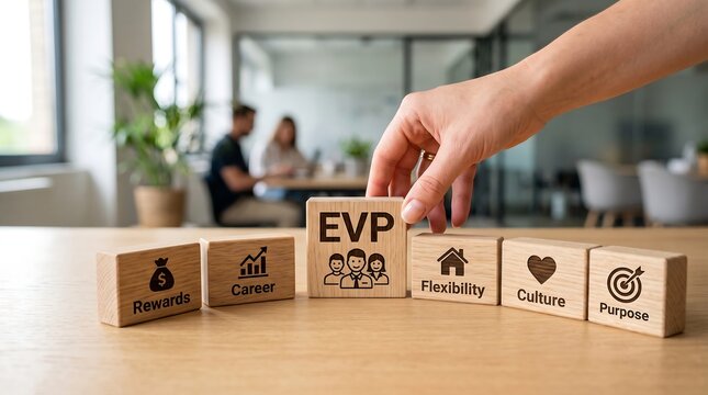 Hand placing wooden block with 'EVP' and icons representing employee value proposition elements on a table.