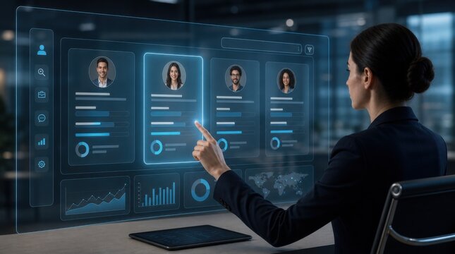A woman interacts with a transparent digital interface displaying professional profiles, charts, and data analytics in a modern office environment.