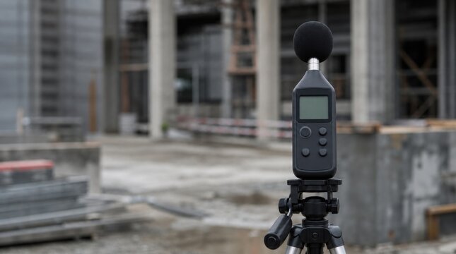 A sound level meter on a tripod measuring noise at a construction site with unfinished concrete structures in the background.