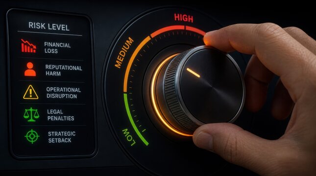 A hand turns a dial from medium to high risk level, showing categories like financial loss, reputational harm, and operational disruption.