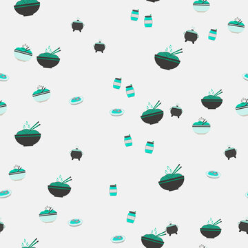 Seamless pattern of food icons with noodles and pots