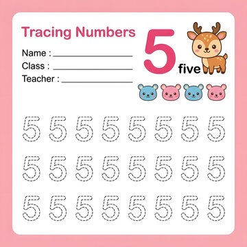 Tracing numbers five worksheet for children featuring cute deer and colorful bear faces art