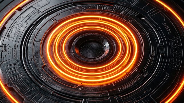 Abstract futuristic dark metallic circular technology element with glowing orange rings sci fi technology abstract