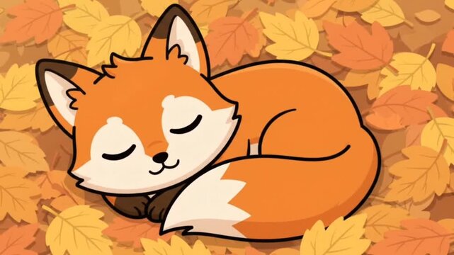 Cute Cartoon Fox Sleeping Autumn Leaves Kawaii