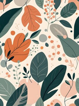 Colorful botanical leaves and berries repeating pattern design with transparent background