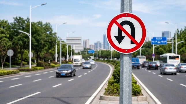 A no U-turn traffic sign is prominently displayed on a pole next to a busy road with cars driving.