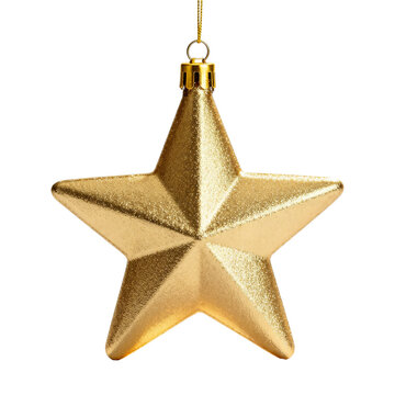 [Transparent Background PNG]Golden three-dimensional five-pointed star Christmas ornament hanging on white background