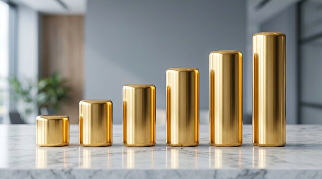Golden bar chart cylinders increasing in size on a marble table with cylinders business statistics investment