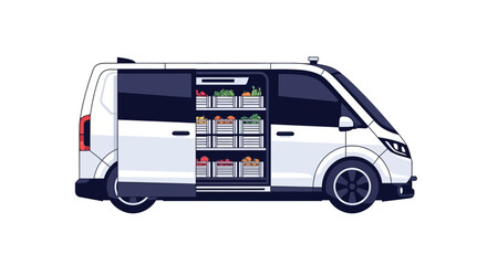 Fototapeta premium Modern White Delivery Van with Open Sliding Door Showing Crates of Fresh Organic Fruits and Vegetables, Mobile Grocery Service Concept Vector Illustration