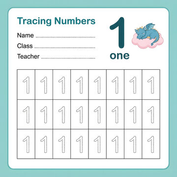 Tracing numbers one worksheet for preschool children featuring cute sleeping baby dragon art