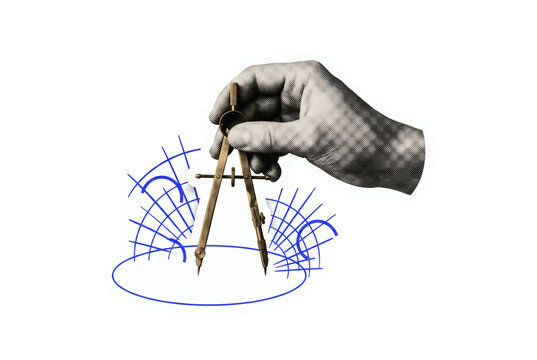 Brass drafting compass geometric arcs, hand holding vintage brass drafting compass drawing concentric circular. Architectural geometry technical draftsmanship collage on transparent background.