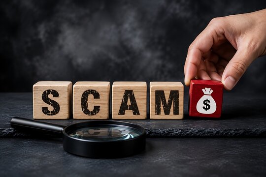 Magnifying glass over blocks spelling scam and red cube with money symbol representing financial fraud and investigation of deceptive practices.