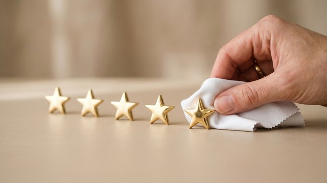 Hand polishing a row of golden star awards on a table with cleaning polishing achievement excellence business