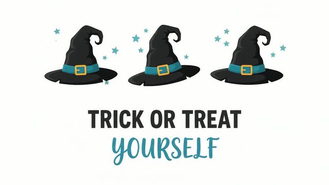 Witch hats arranged in a row above the festive text trick or treat yourself appear as a charming seasonal graphic design element that celebrates the magic of the annual Halloween holiday event.