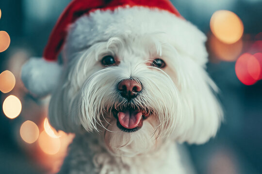Close up portrait of a cute white dog wearing a red christmas hat with domestic animal