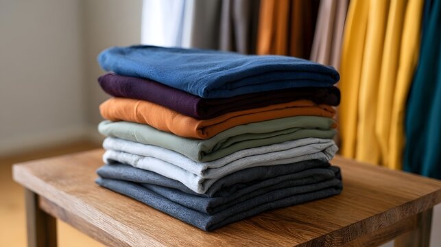 Neatly folded stack of colorful t shirts on a wooden table with soft background drapes in warm tones