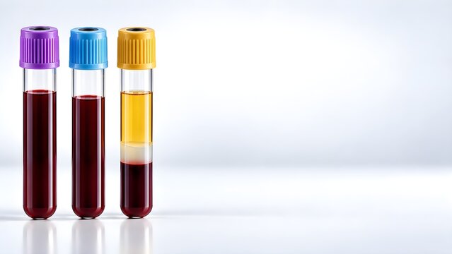 Blood Collection Tubes with Purple Blue and Gold Caps on Clean Clinical Background