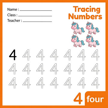 Number four tracing worksheet with cute cartoon unicorns and balloons