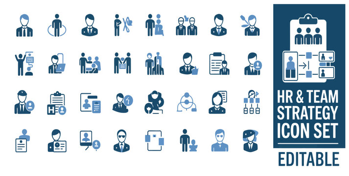 Comprehensive icon set for HR and team strategy management, featuring diverse human resource concepts.