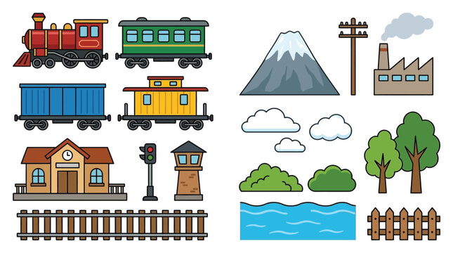 Collection of railway elements and landscape features in a vector illustration