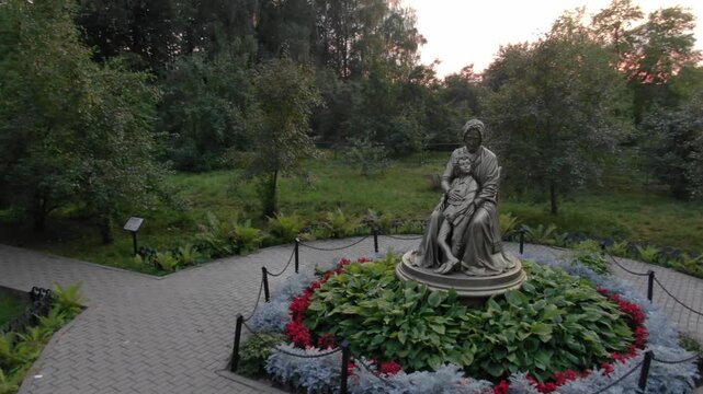 Drone flies around the bronze memorial in a Zvenigorod park