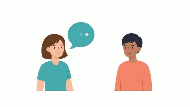 People engage in a friendly conversation as a woman speaks to a man with a teal speech bubble floating above her head to represent the exchange of ideas and communication within this simple graphic.