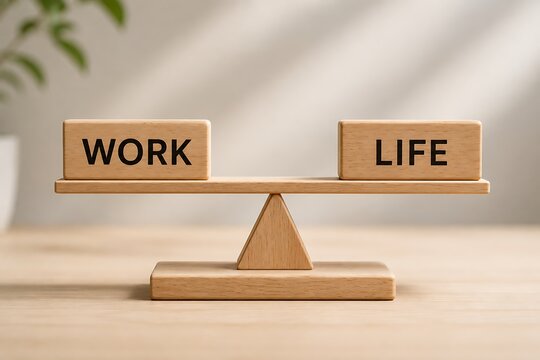 Wooden blocks with words work and life balanced on a triangular scale symbolizing work life balance concept healthy equilibrium between professional and personal.