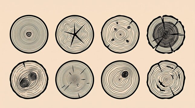 Set of eight circular wood log cross sections with natural grain patterns