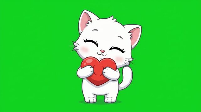Cute cartoon white cat holding a red heart on a green screen, perfect for animated projects and children's content.