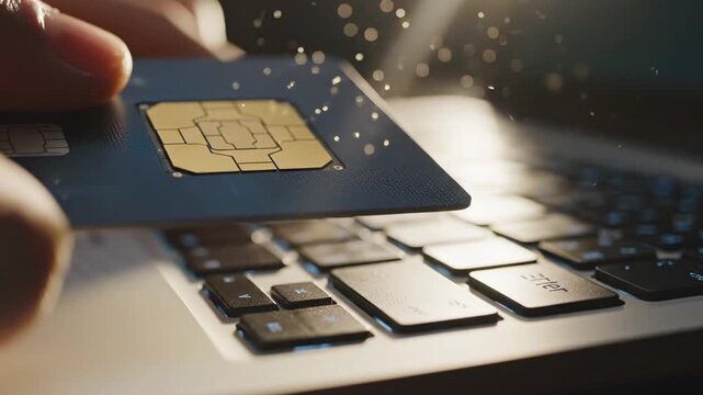 Close up Hand Inserting SIM Card into Laptop Slot
