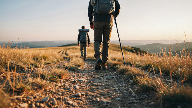 Hikers Backpacking on Scenic Countryside Trail at Golden Hour