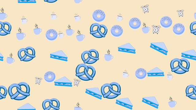Breakfast food pattern with pretzels, donuts, and coffee