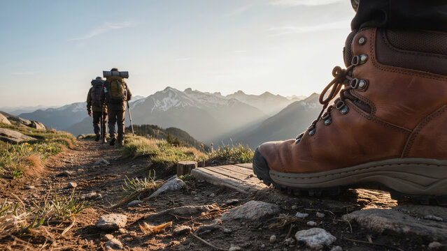 Hiking Boot Close Up on Mountain Trail with Backpackers for Trekking 