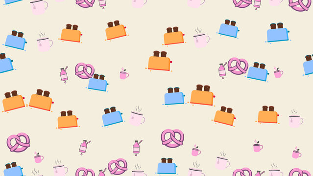 Breakfast pattern with toasters, tea, pretzels, and bottles