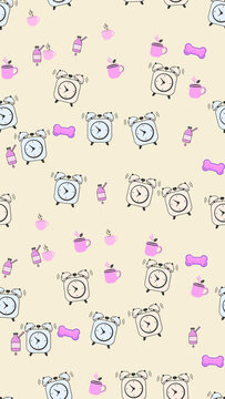 Cute alarm clocks, cups, bottles, and dog bones pattern
