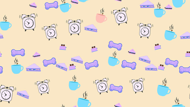 Pattern of alarm clocks, sandwiches, coffee, and bones