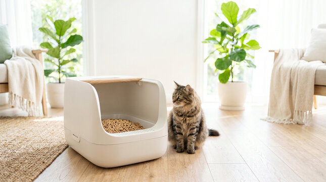 Cat sitting next to an eco-friendly cat litter box in a cozy room  
