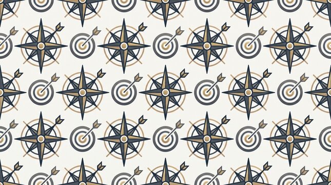 Seamless pattern design featuring compass roses and target icons for navigation and business strategy concepts.