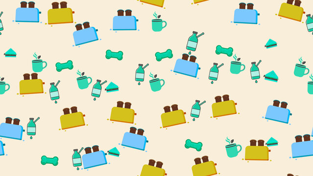 Pattern of toasters, cups, bottles, sandwiches, and dog bones