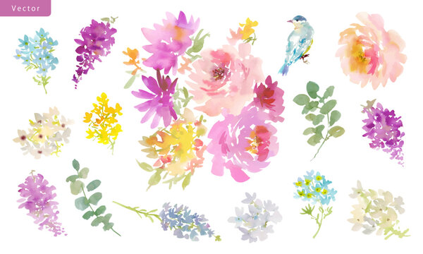 Watercolor Vector Floral Clipart Set with Abstract Hand-Painted Pink Roses, Wildflowers, Leaves, and Blue Bird for Wedding Invitations, Greeting Cards, Stationery, and Surface Design
