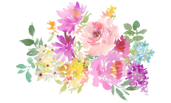 Watercolor floral illustration with abstract hand painted pink roses, wild flowers, and leaves for wedding invitation, greeting card, stationary and  surface design