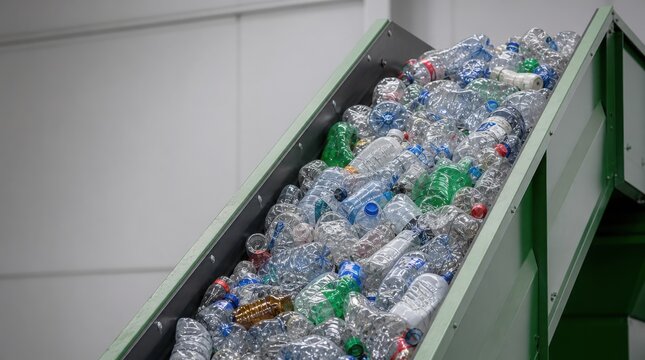 Conveyor belt carrying a large amount of crushed plastic bottles for recycling inside a facility.