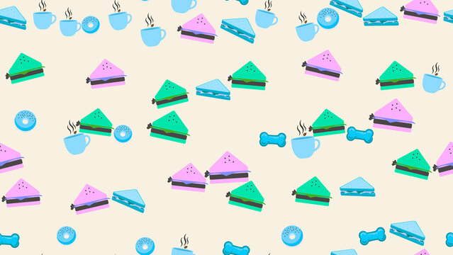 Seamless pattern of sandwiches, donuts, and coffee cups