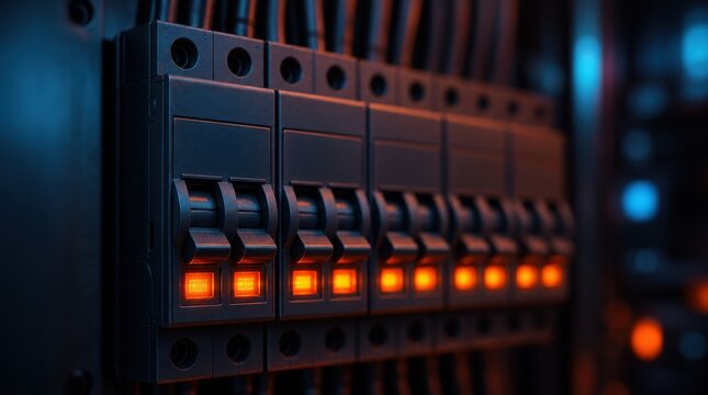 Close-up of an electrical circuit breaker panel with illuminated orange indicators showing active switches in a dimly lit environment.